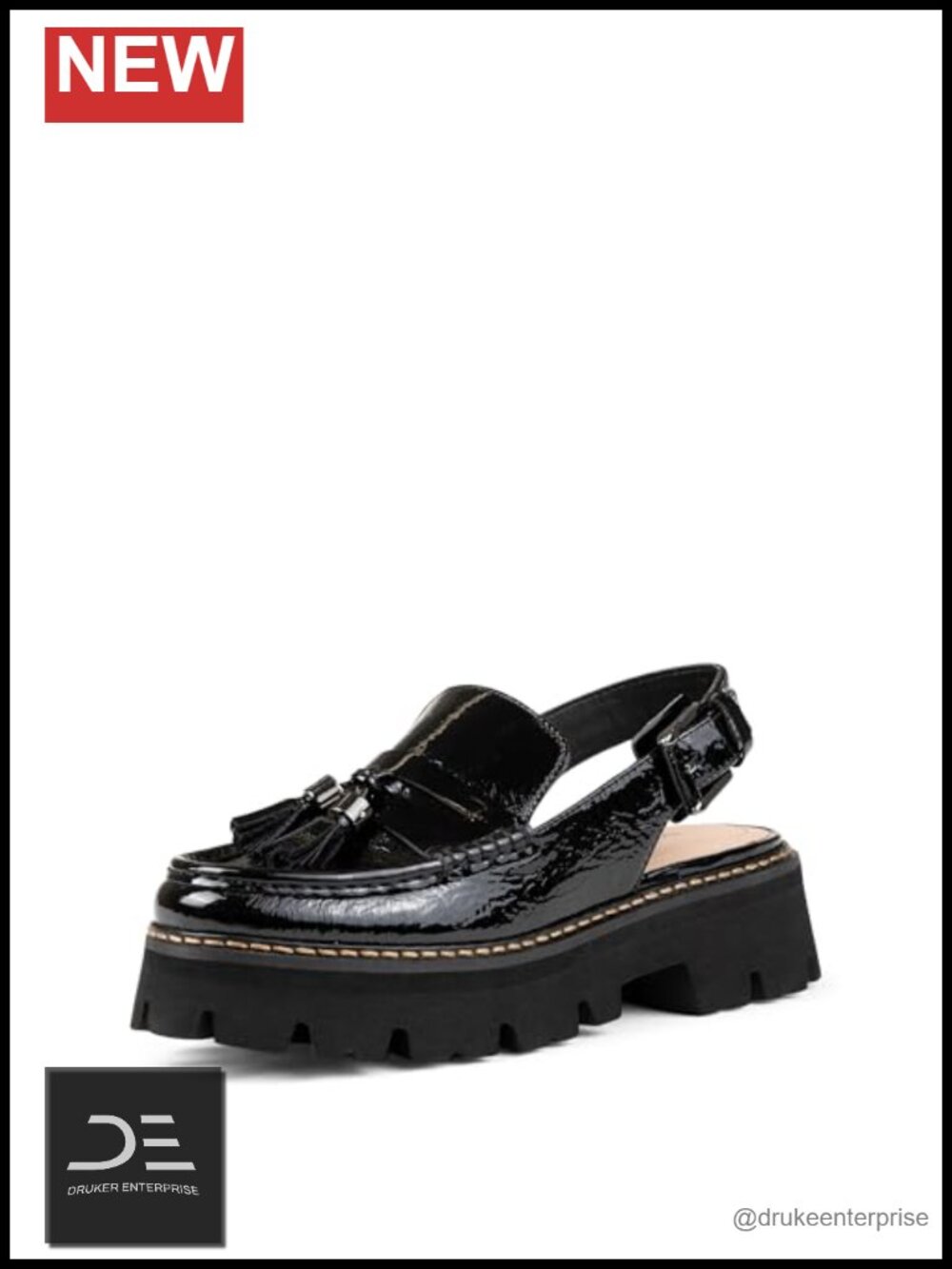 Patent Leather Slingback Loafer with Adjustable Buckle and Memory Foam Insole